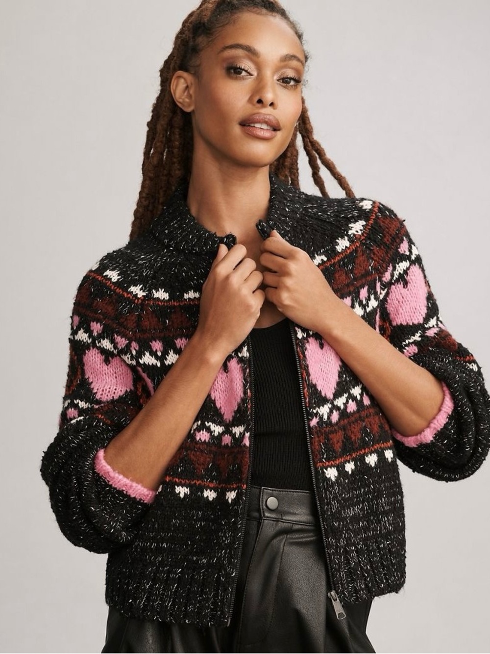 Pilcro Black Knit Teddy Jacket with Pink Heart Fair Isle